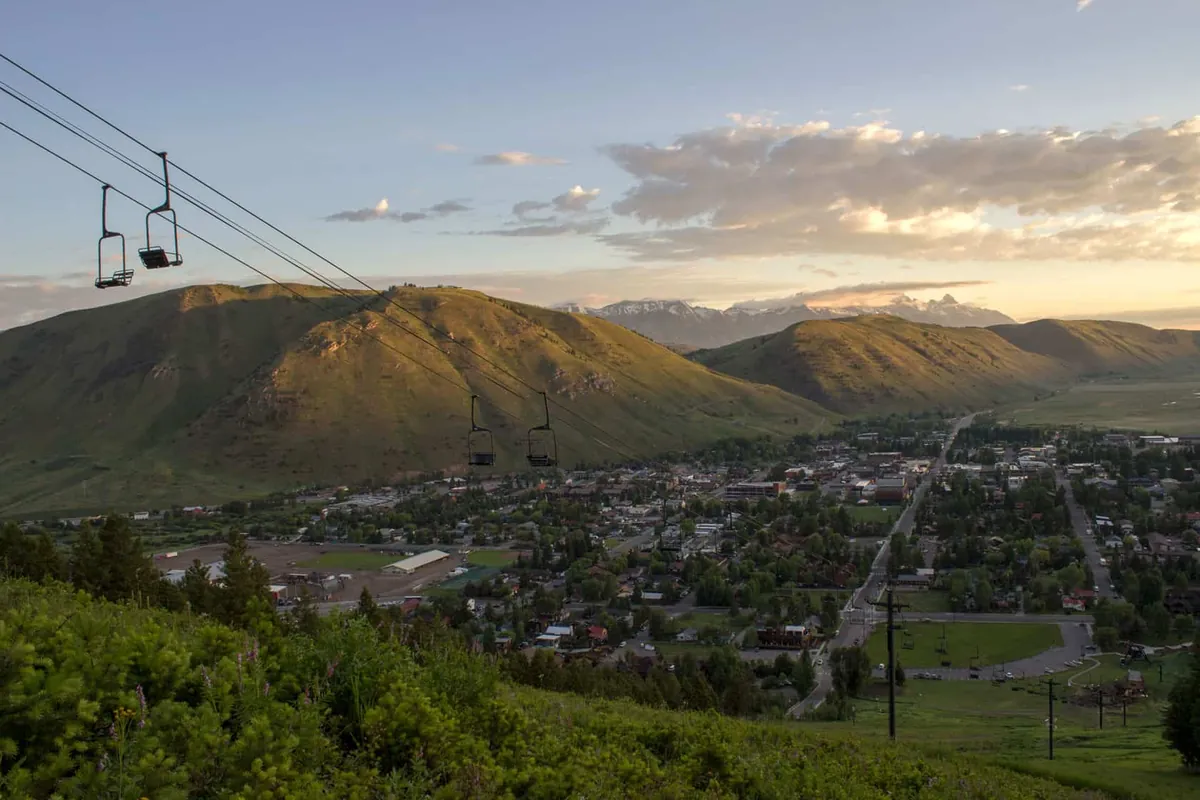 The town of Jackson seen from the Snow King chairlift on a summer evening.